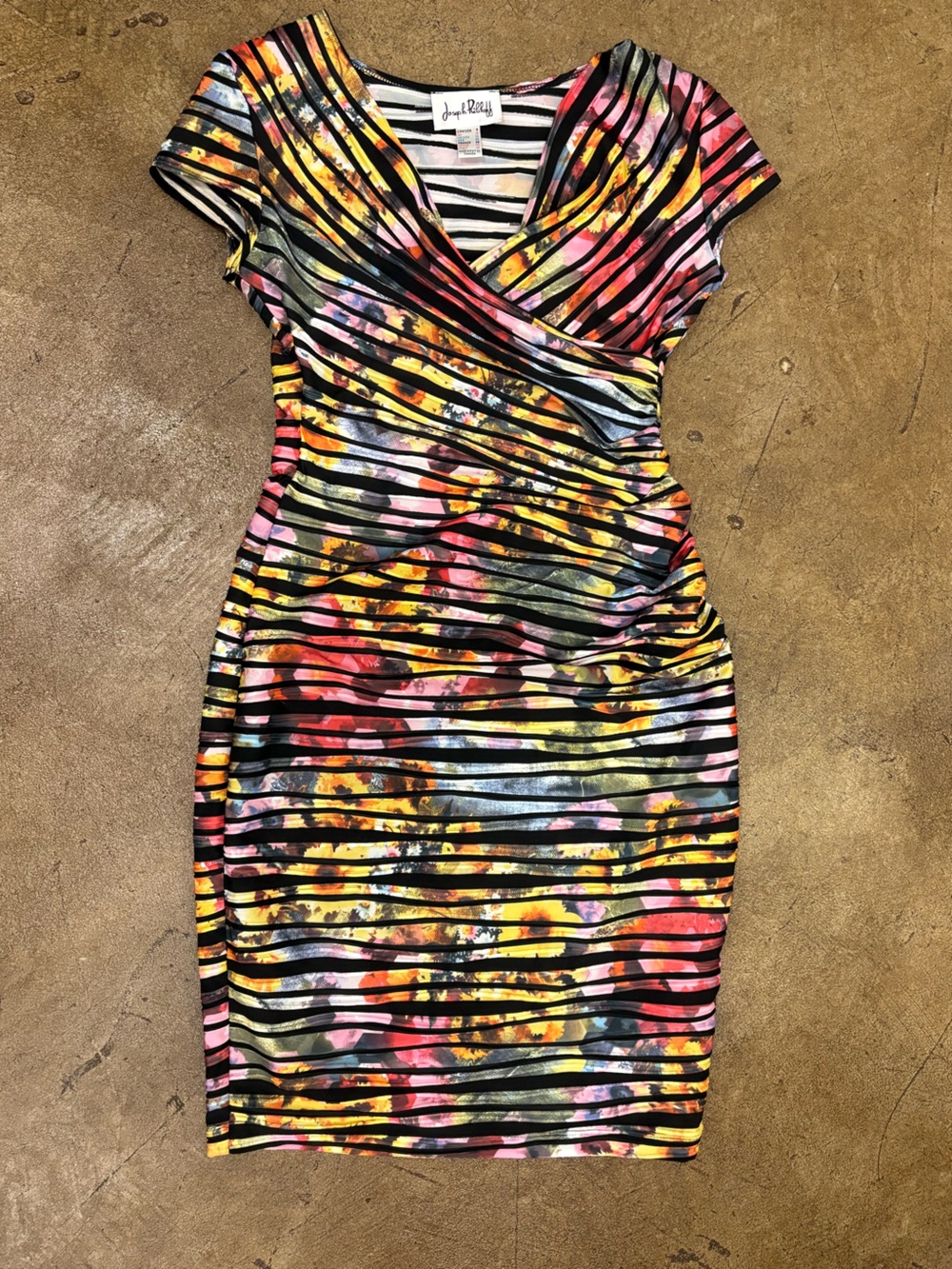 Joseph Ribkoff Multicolor Floral & Black Striped Midi Dress-Skirt